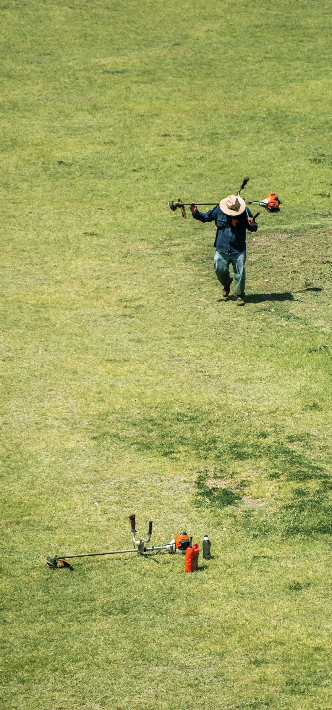 A man is cutting grass in a field with a lawn mower.