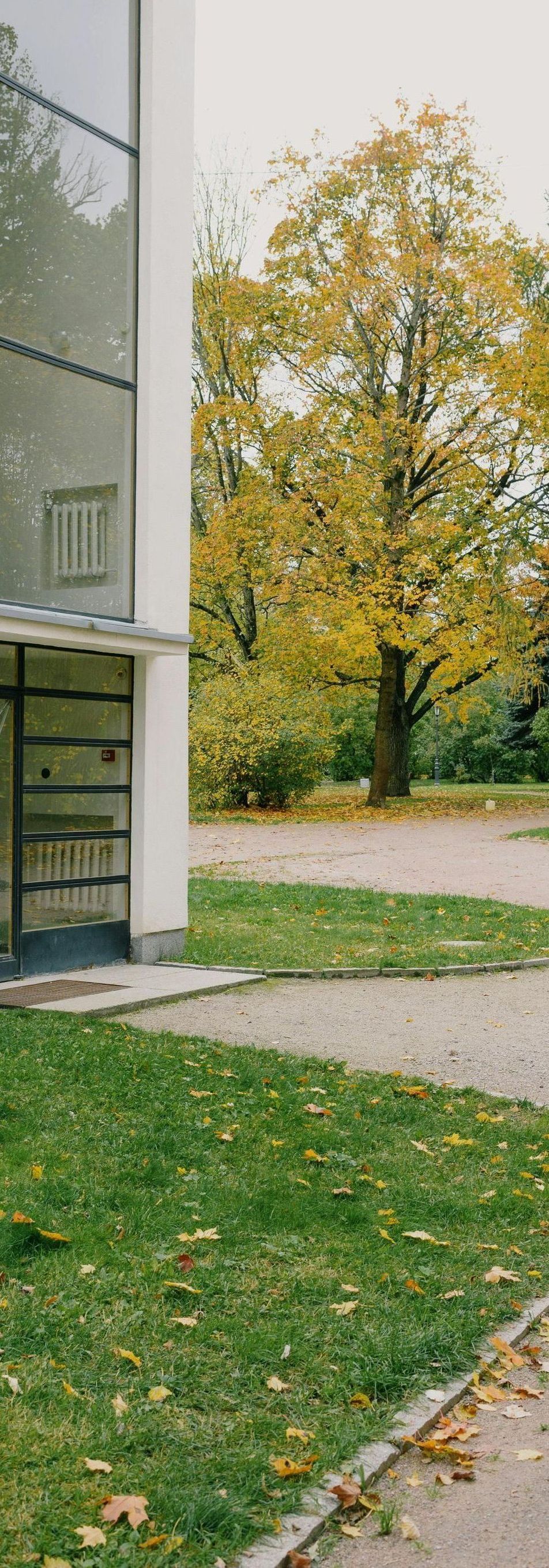 A white building with a lot of windows is surrounded by grass and trees.