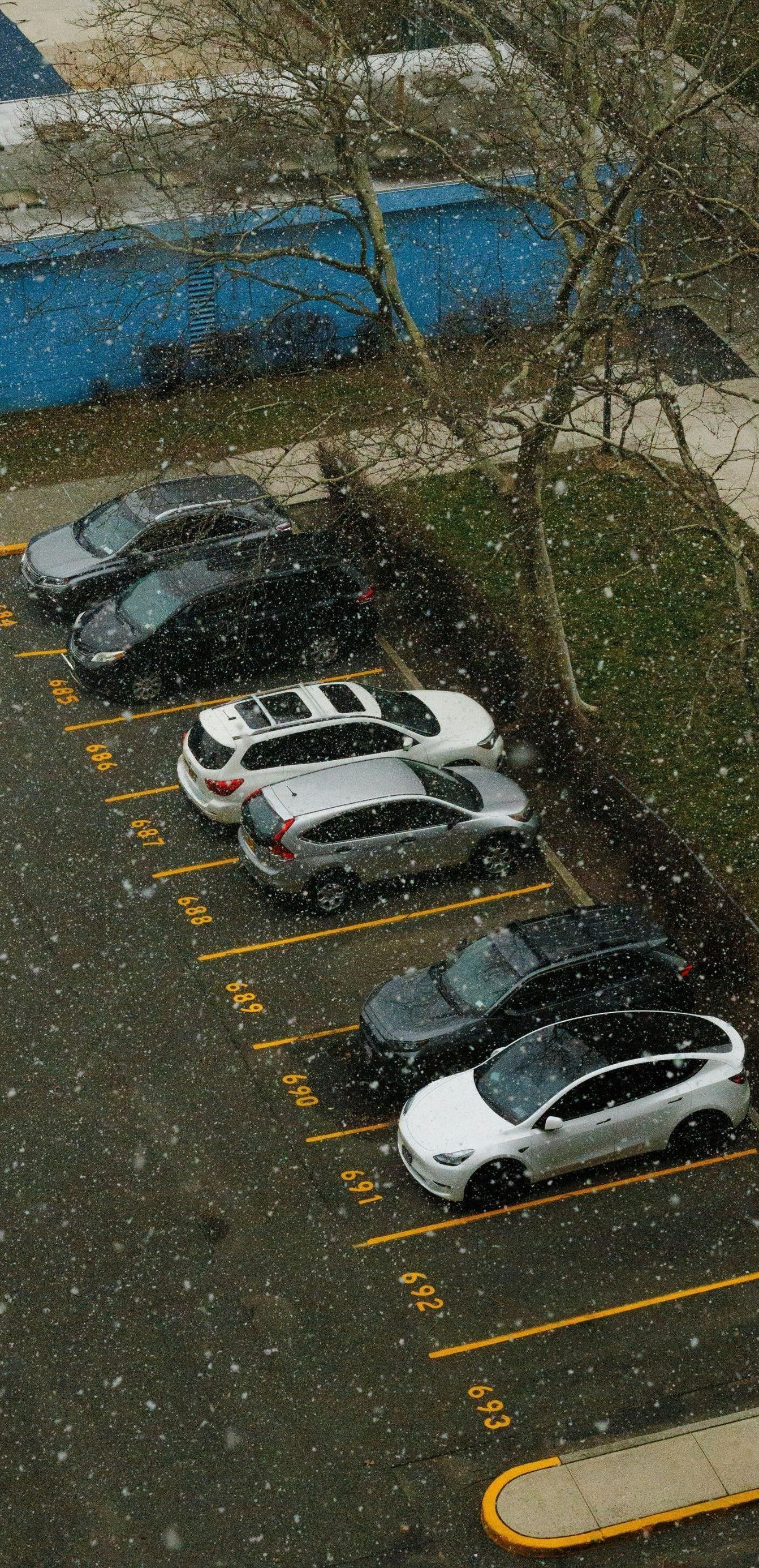 A row of cars are parked in a parking lot in the snow.