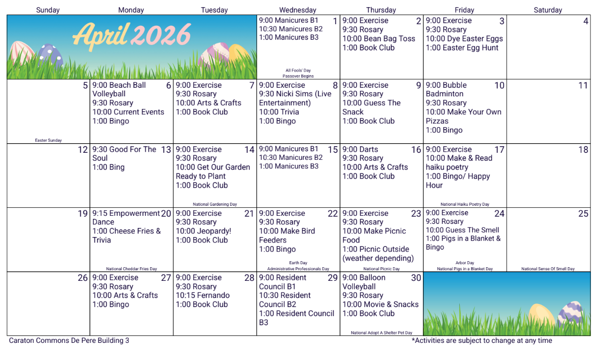 March 2026 calendar with duckling graphic. Events listed for each day; appointments and reminders.