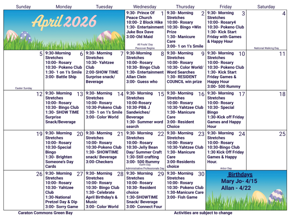 Activity calendar for April 2026, featuring daily scheduled events, Easter-themed border, and list of monthly birthdays.