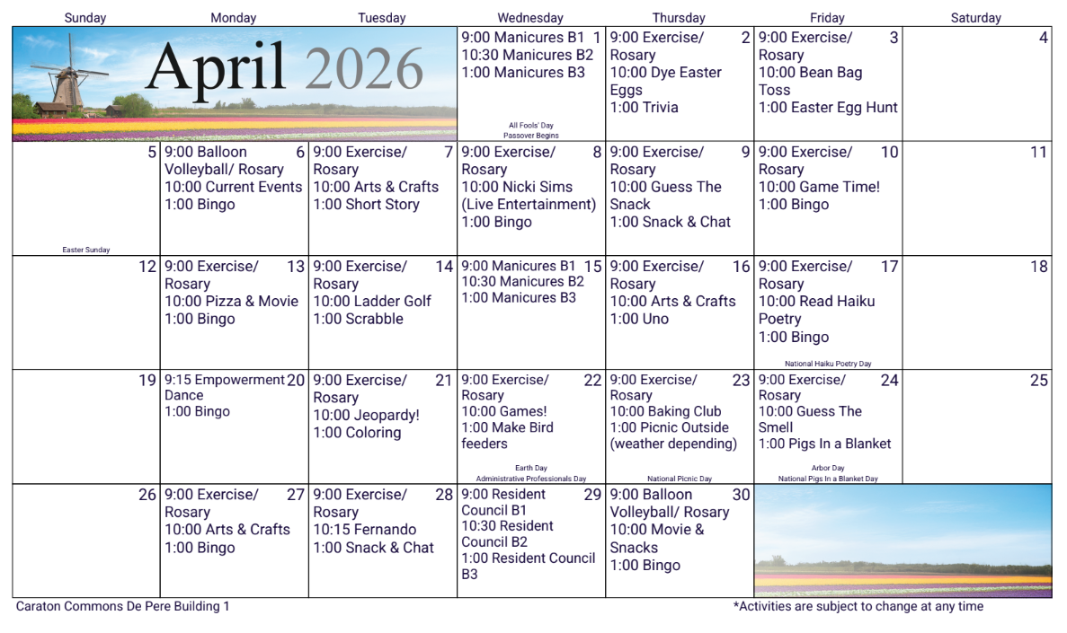 April 2026 calendar page featuring a landscape photo of a Dutch windmill and flower fields at the top and bottom.