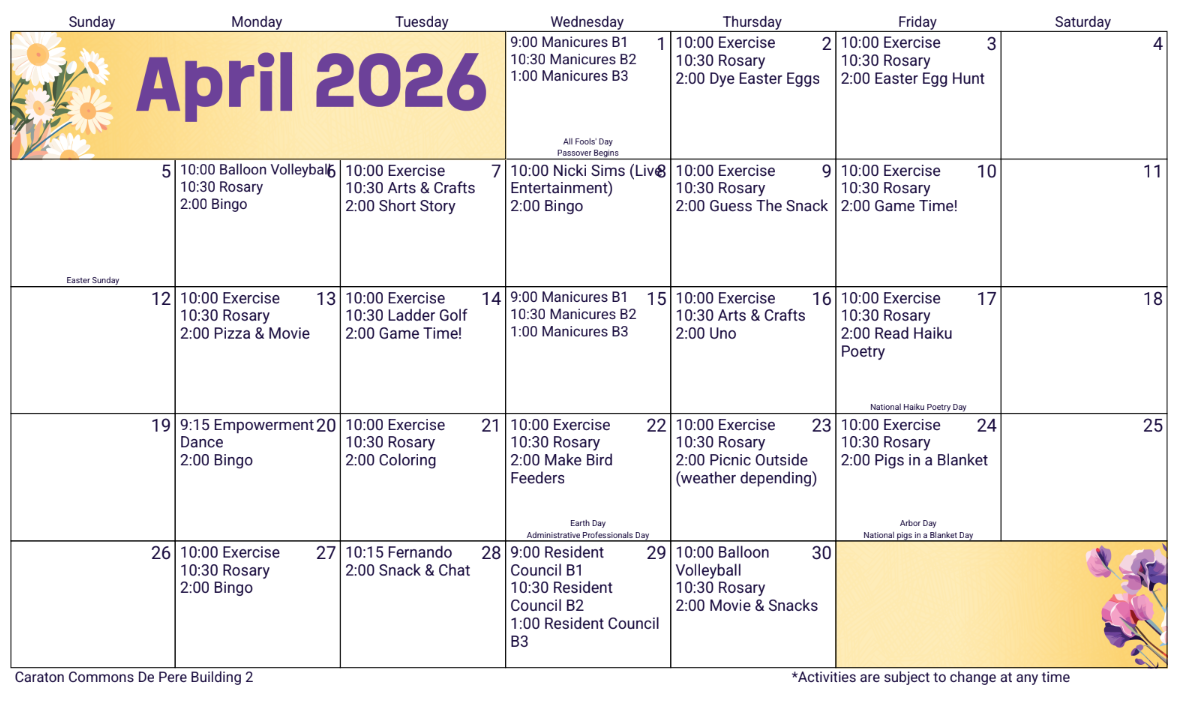 April 2026 calendar page with a floral theme, listing daily appointments and activities throughout the month.