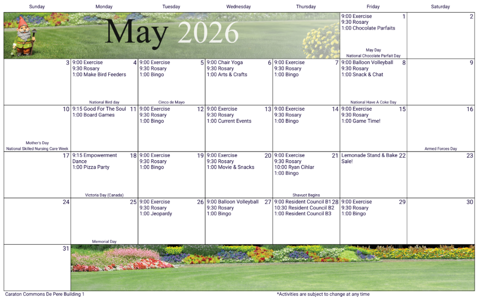 May 2026 calendar with a floral garden border and daily notes in each date box