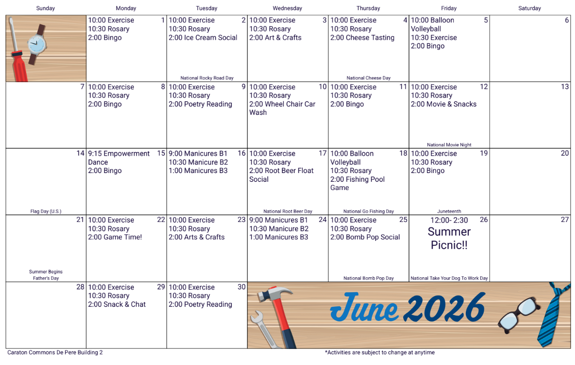 June 2026 calendar layout with a small illustration of glasses on a wooden desk.