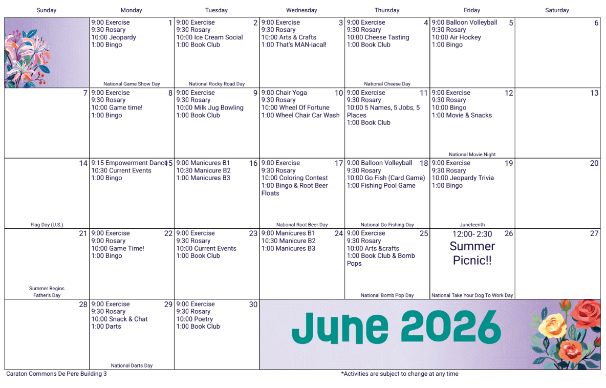 June 2026 monthly calendar with a floral border and colorful notes in a grid layout