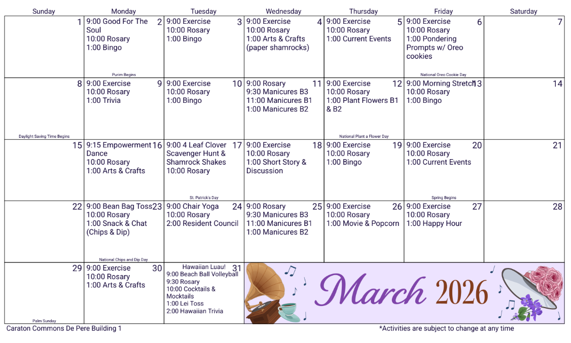March 2026 calendar with schedule of activities.