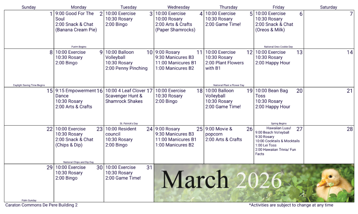 Calendar of March 2026 with scheduling notes, featuring a duckling in the bottom right corner.