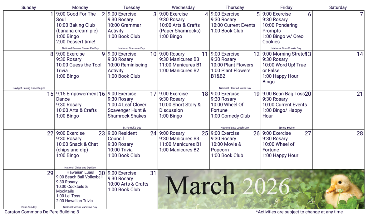 March 2026 calendar with duckling graphic. Events listed for each day; appointments and reminders.