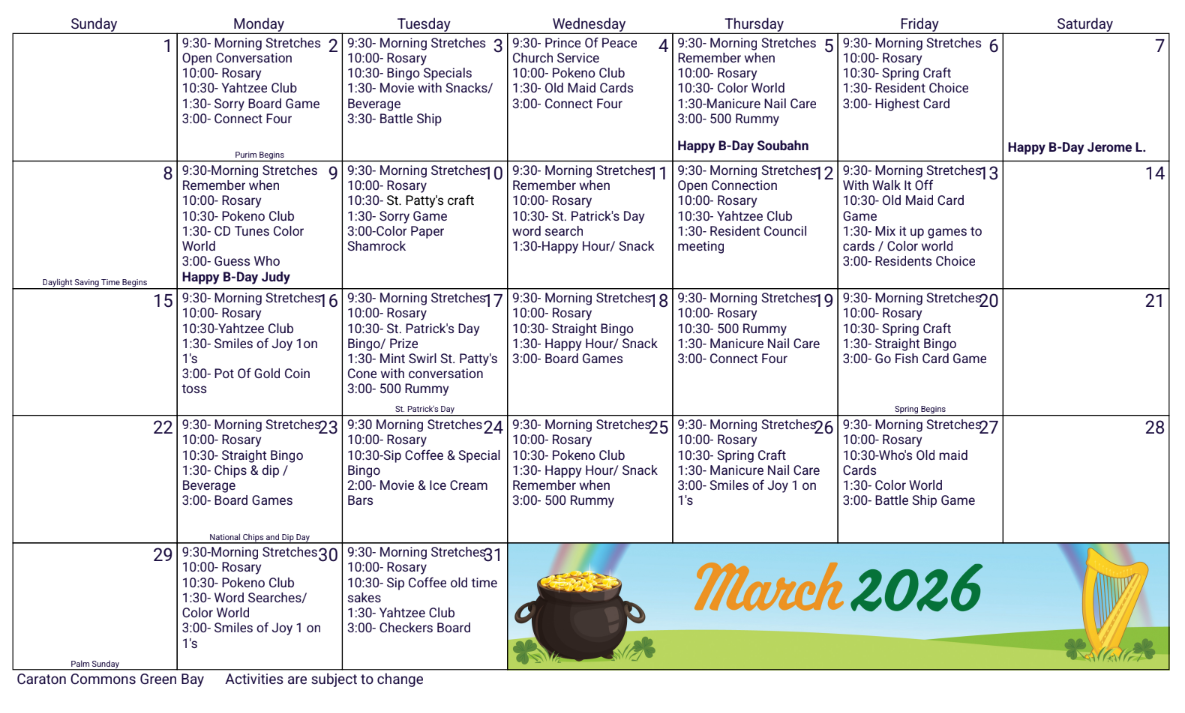 March 2026 calendar with St. Patrick's Day theme. Includes dates, activities, and a pot of gold at the bottom.