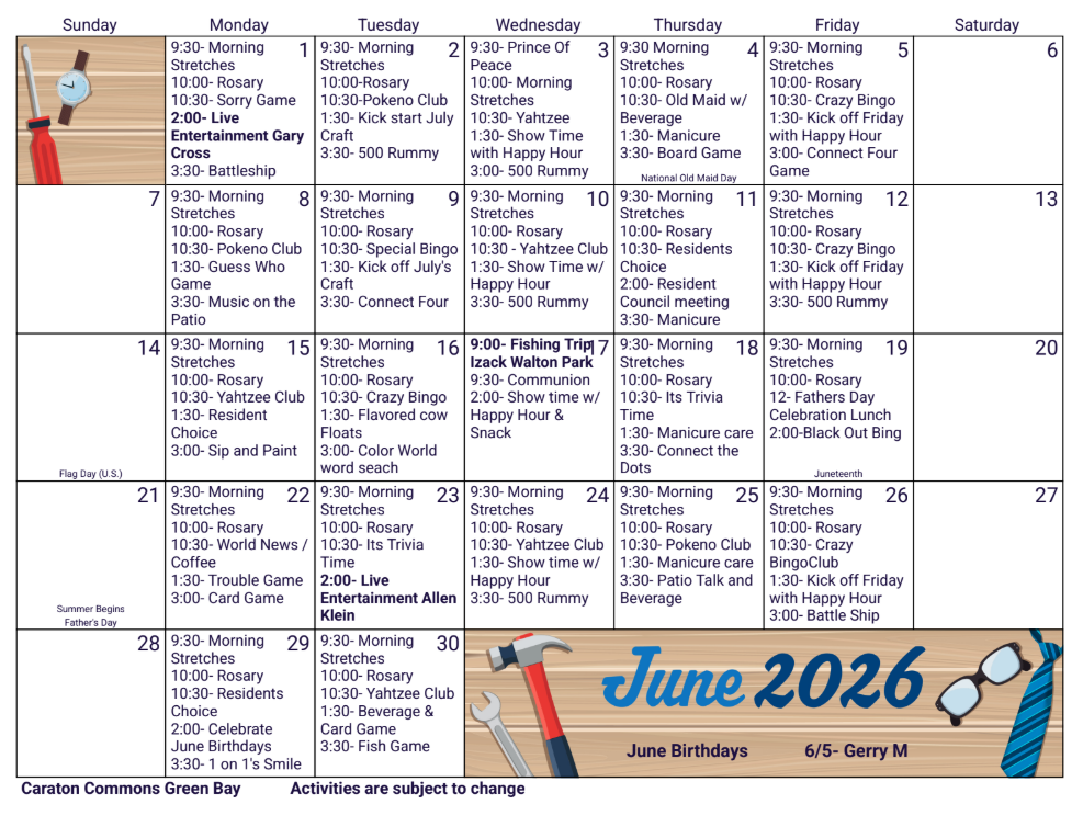 June 2026 desk calendar page with weekly grid and small cartoon golfer illustrations