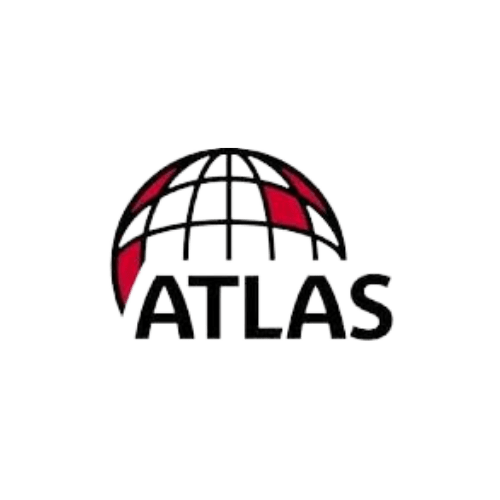 Atlas logo: Globe with red sections, black grid, and 
