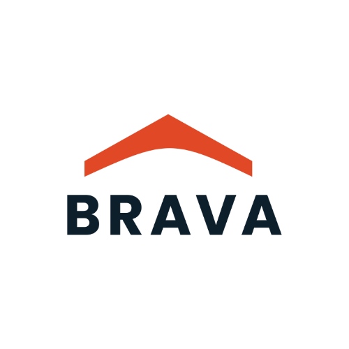 Brava logo: dark blue text below an orange roof shape.