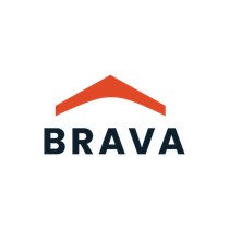 Brava logo: dark blue text below an orange roof shape.
