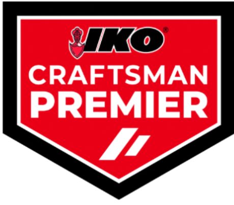 IKO Craftsman Premier logo: red and black shield with white text and a logo.
