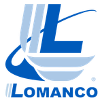 Blue and white LOMANCO logo: stylized