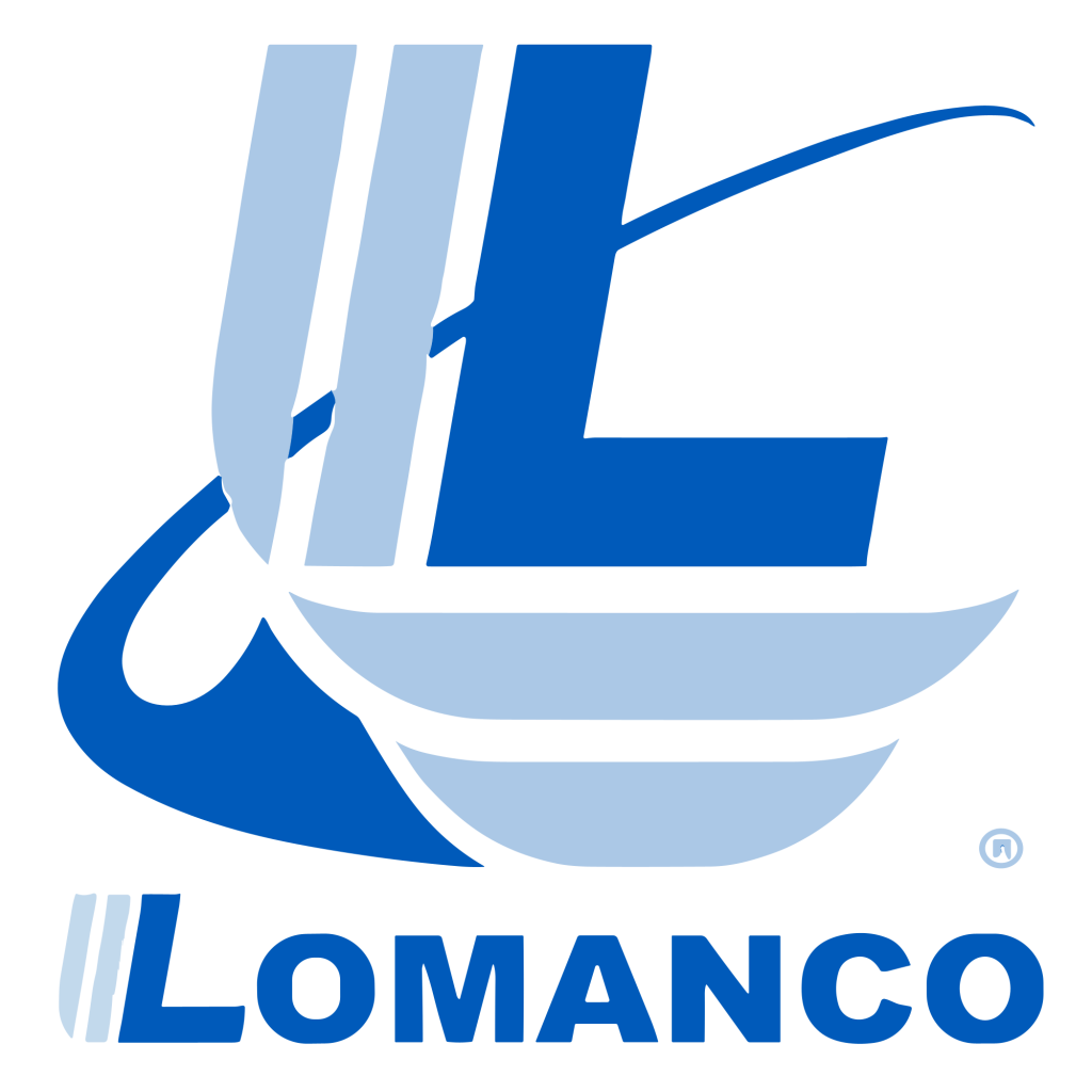 Blue and white LOMANCO logo: stylized 