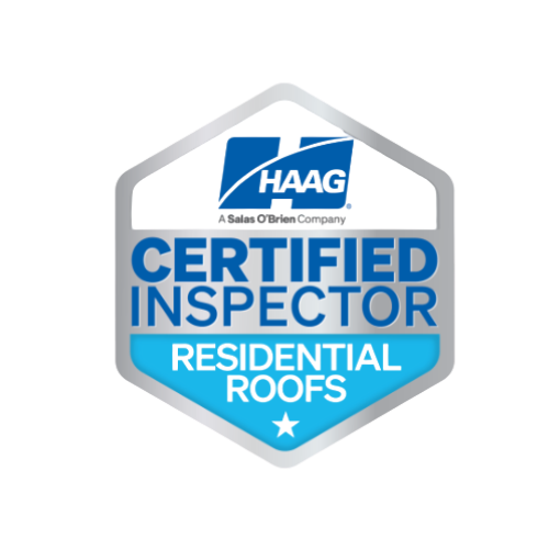 Haag Certified Inspector logo: silver, blue, and white. Shows certification for residential roofs.