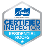 Phoenix Storm Restoration is HAAG Certified Silver badge: Haag Certified Inspector for Residential Roofs, with blue and white text and logo.