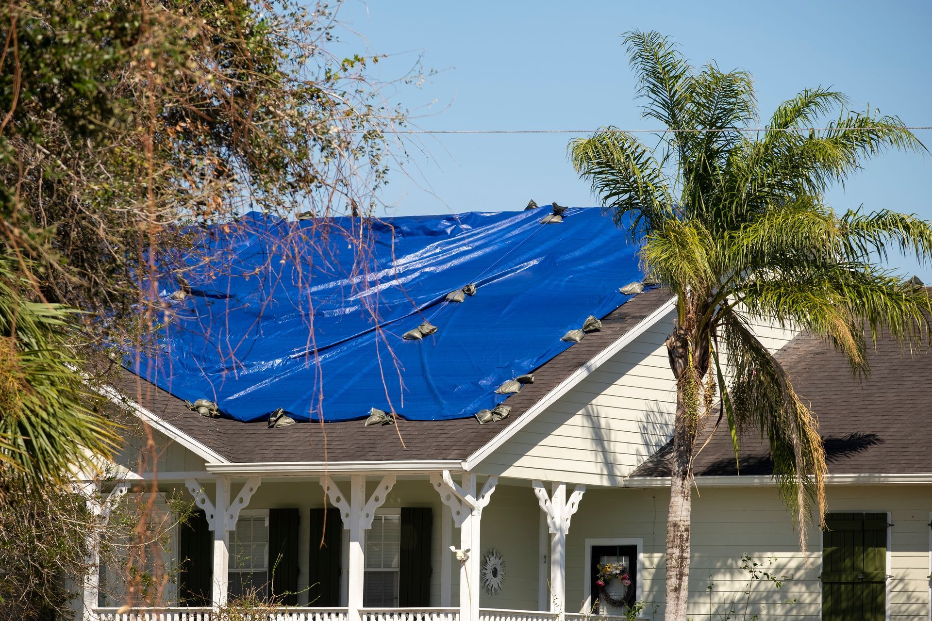 House with blue tarp covering damaged roof; palm tree and porch.