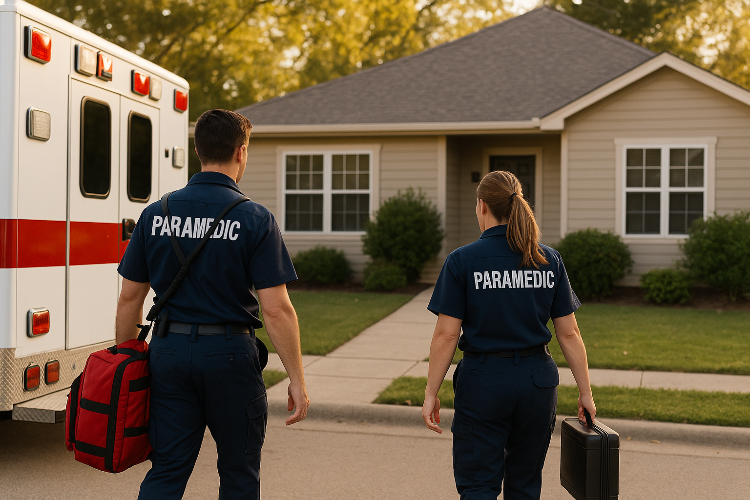 Paramedics walking away from an ambulance toward a suburban home.