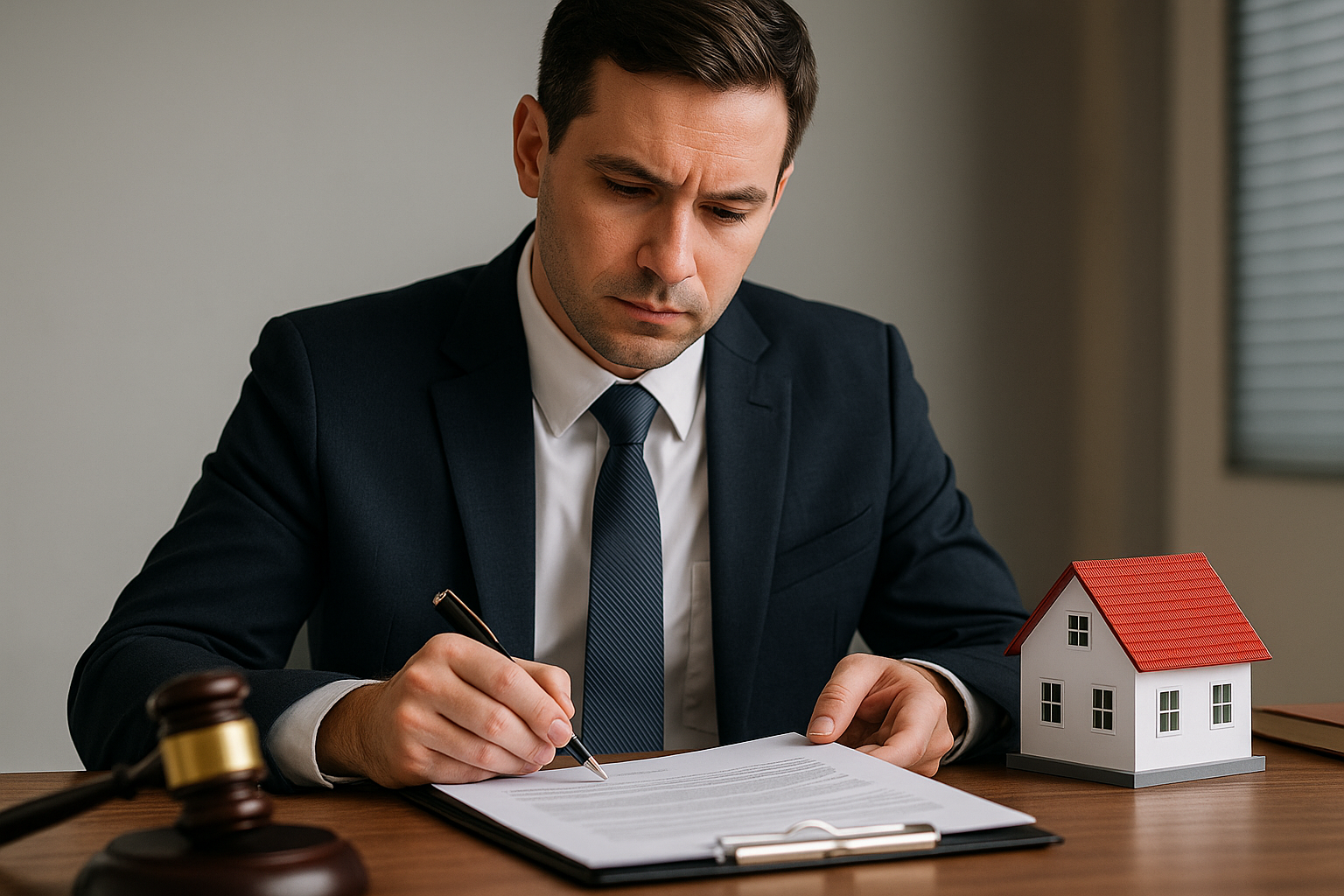 A lawyer in formal attire reviewing property documents with a house model or contract on the table