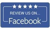 A blue sign that says `` review us on facebook ''.