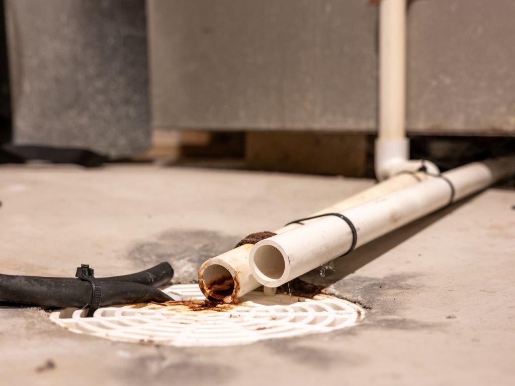 A white pipe is laying on the ground next to a drain.