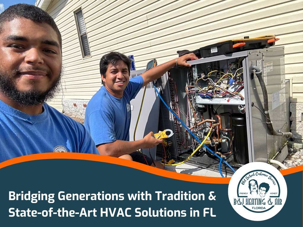 Two men are working on an air conditioner outside of a house.