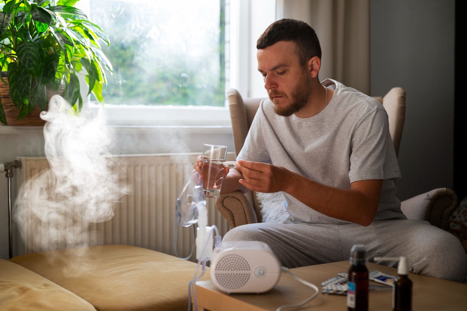 A man is sitting on a couch using an inhaler.