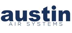 The logo for austin air systems is blue and white on a white background.