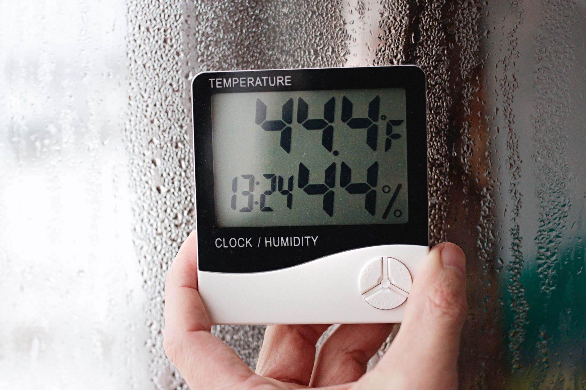 A person is holding a digital thermometer in front of a window.
