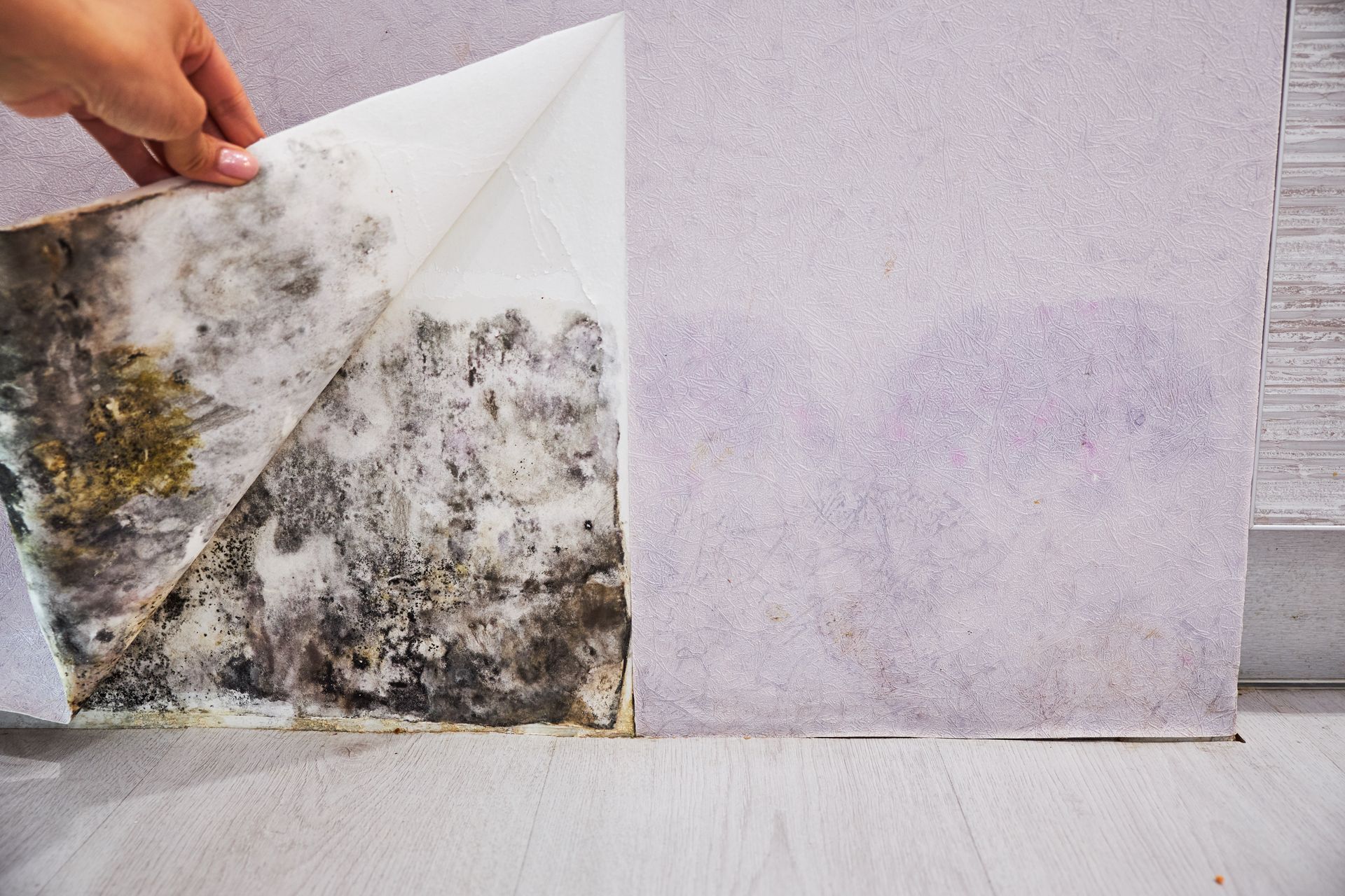 A person is peeling off a piece of wallpaper from a wall.