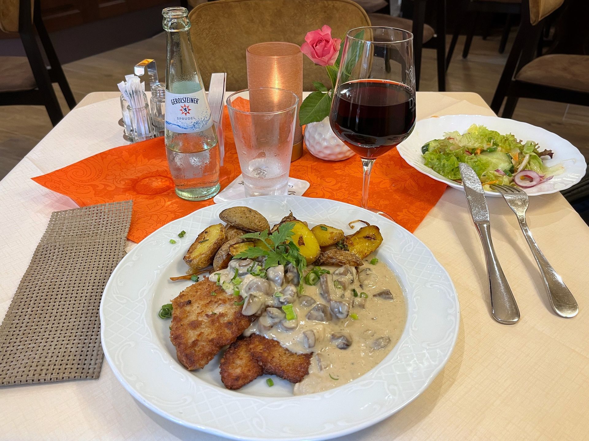 German dinner with red wine