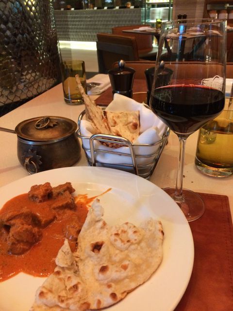 Indian food with red wine