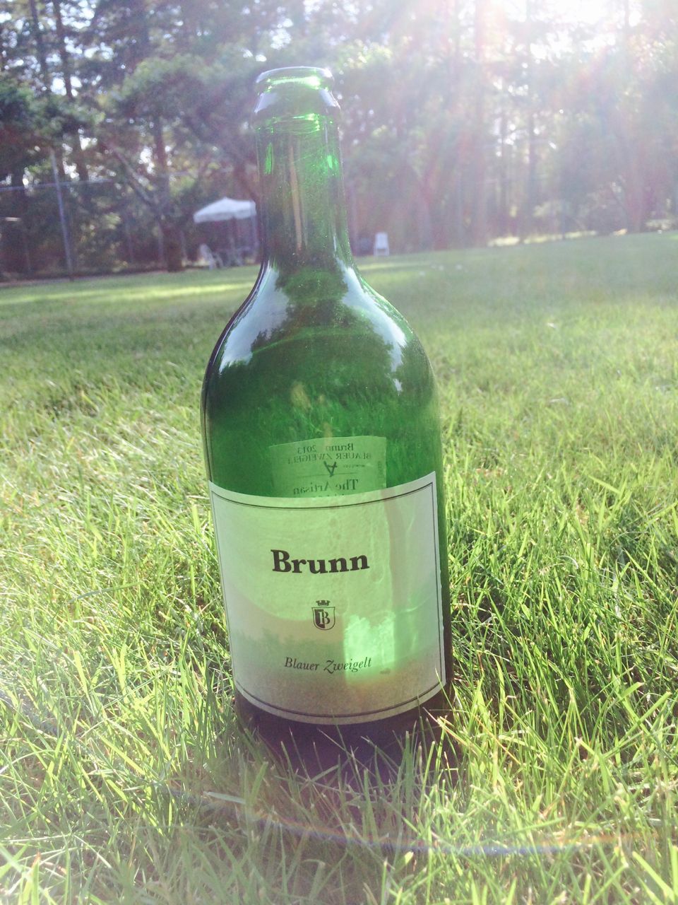 large wine bottle in grass