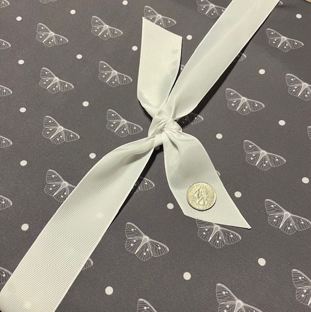 A piece of wrapping paper with butterflies and polka dots
