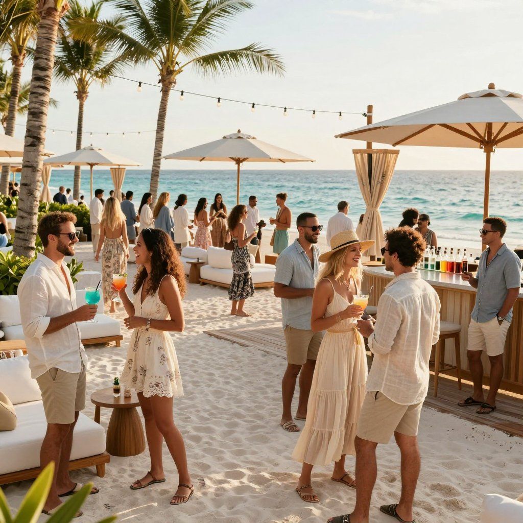 Fiesta de cóctel en la playa con invitados, arena blanca, sombrillas, océano y palmeras.