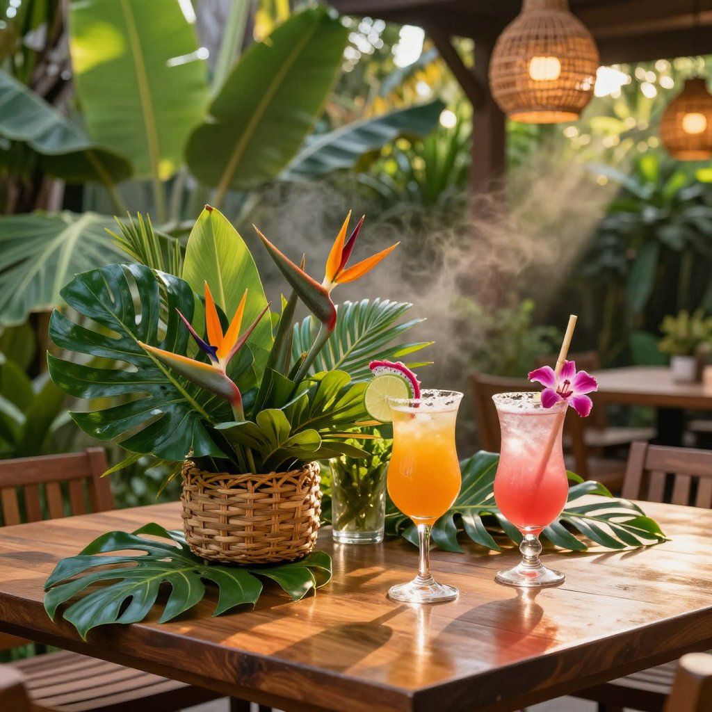Cócteles tropicales en una mesa de madera, con centro floral y exuberante vegetación, ambiente al aire libre.