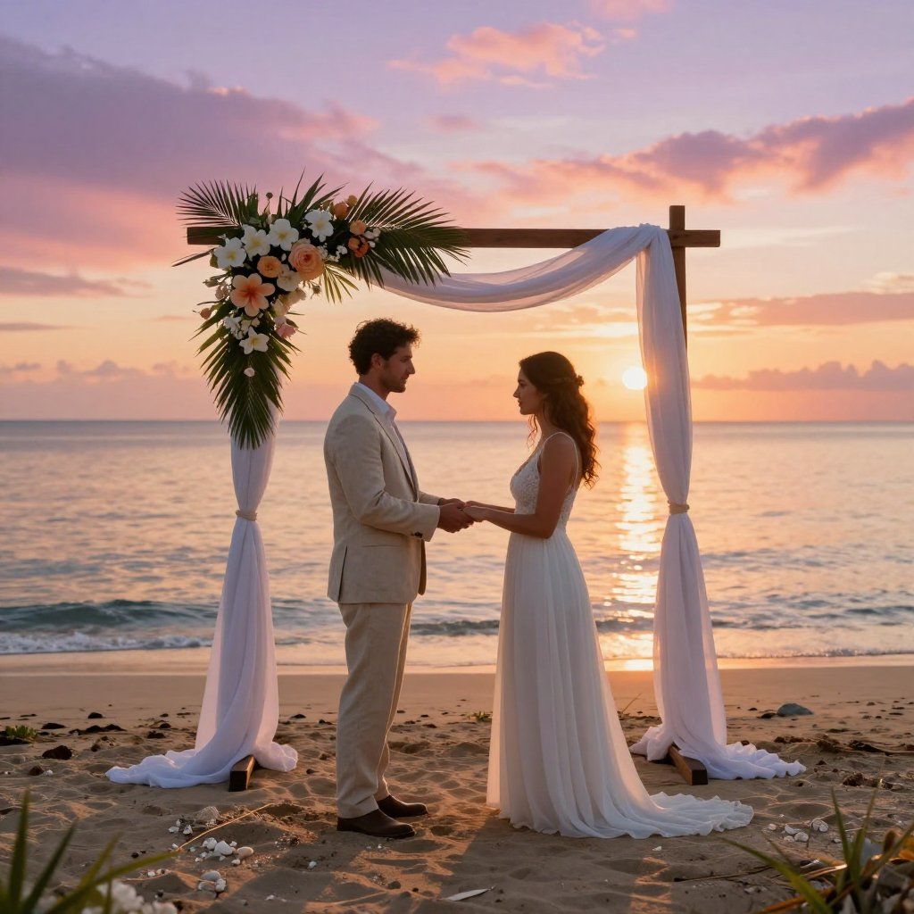 Pareja tomada de la mano bajo un arco de boda en una playa al atardecer.