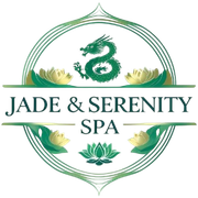 Logo for Jade & Serenity Spa: green dragon, lotus flowers, and text on a white circular background.