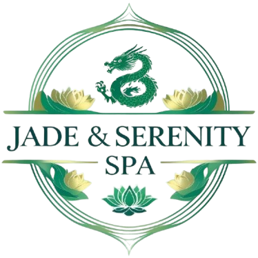 Jade & Serenity Spa logo: Green dragon, lotus flowers, text in a circular design.