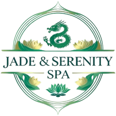 Logo for Jade & Serenity Spa: green dragon, lotus flowers, and text on a white circular background.