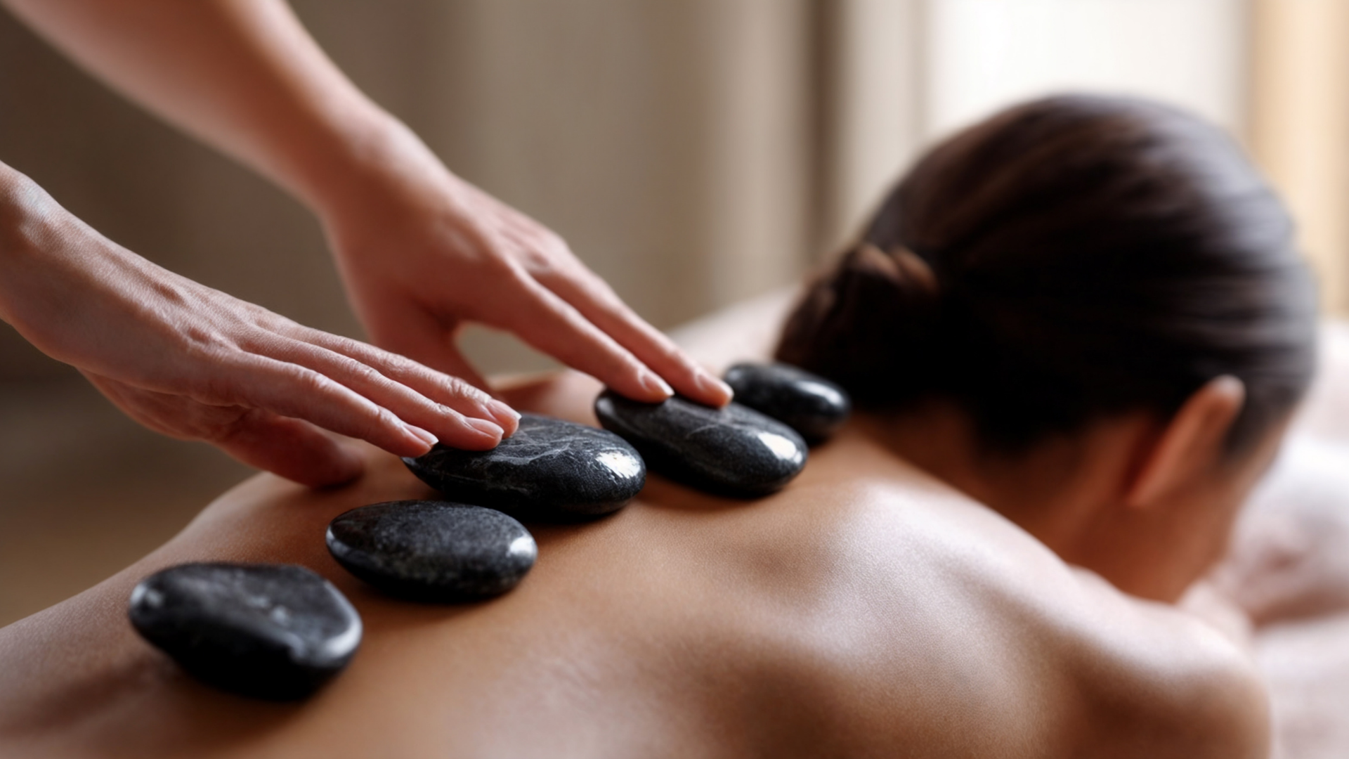 Woman receiving a hot stone massage, with hands placing stones on back.