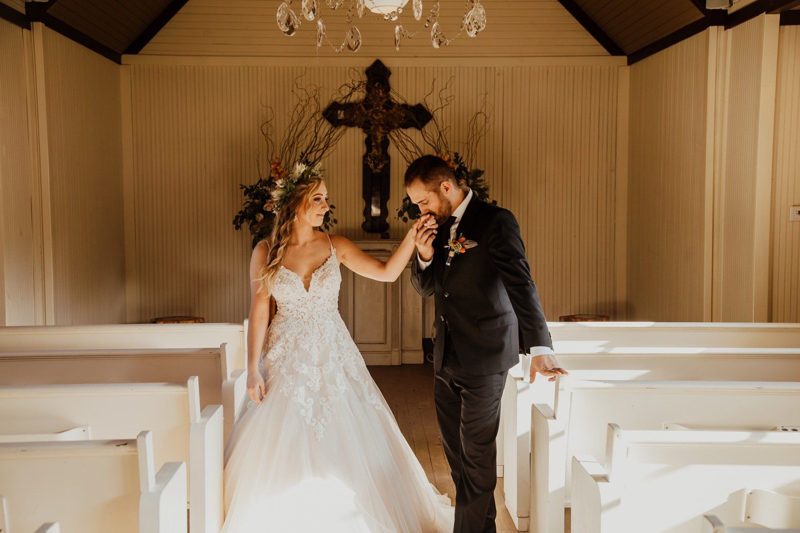 Groom Kisses Bride Hand - Chapel - Country Style - Austin