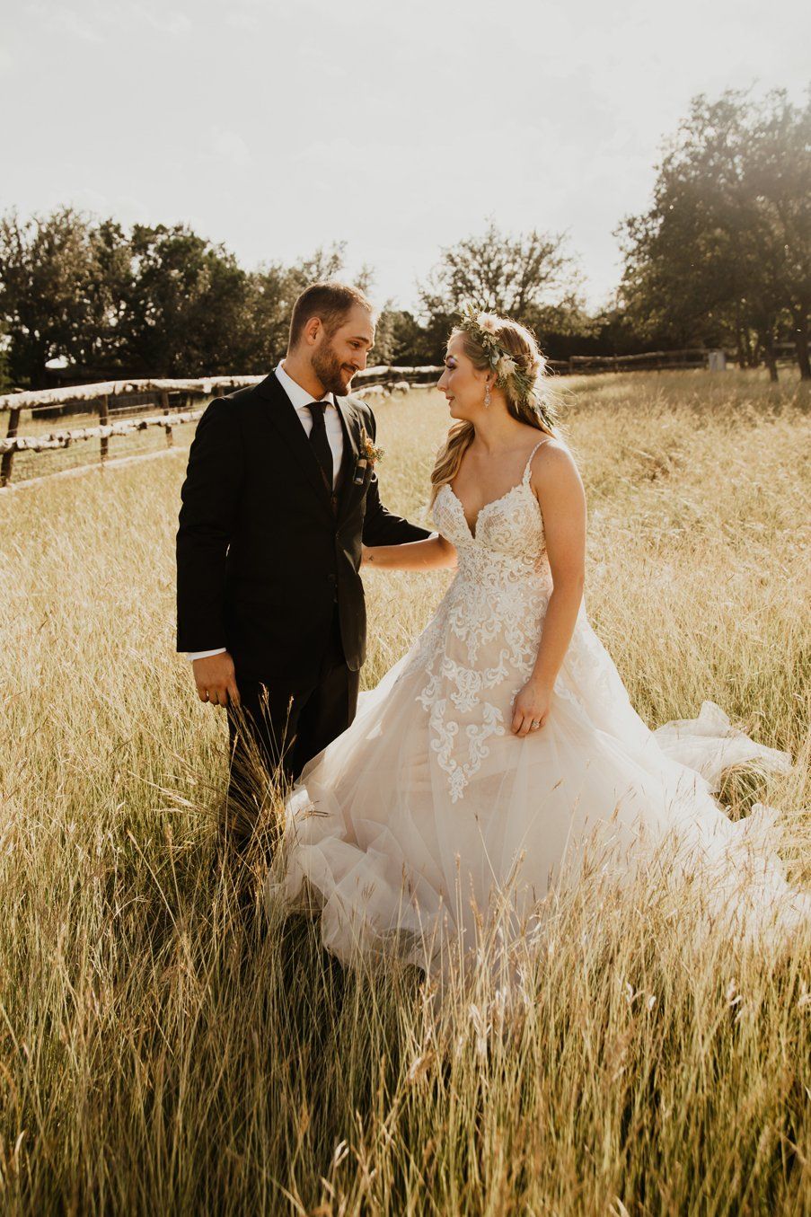 Bride and Groom - Outdoors - Wheat Field - Sun - Austin Country Texas Wedding