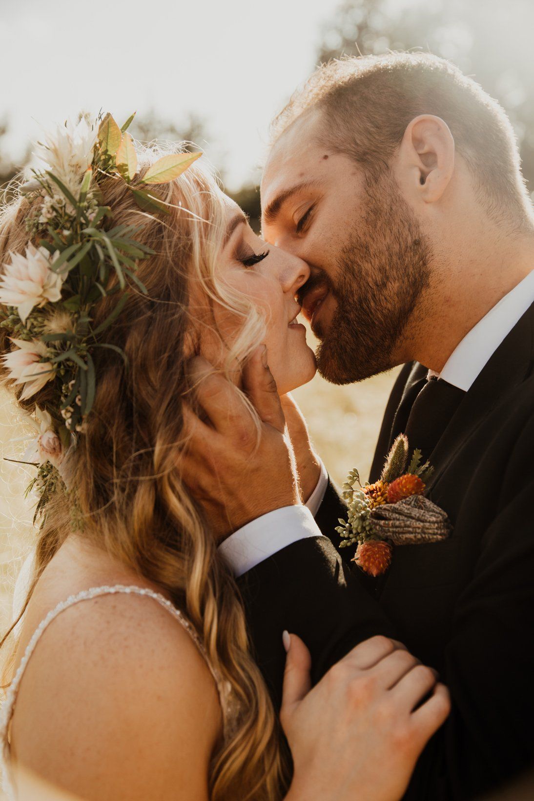 Bride and Groom Kiss - Sun - Outdoors - Fantasy Wedding - Venue