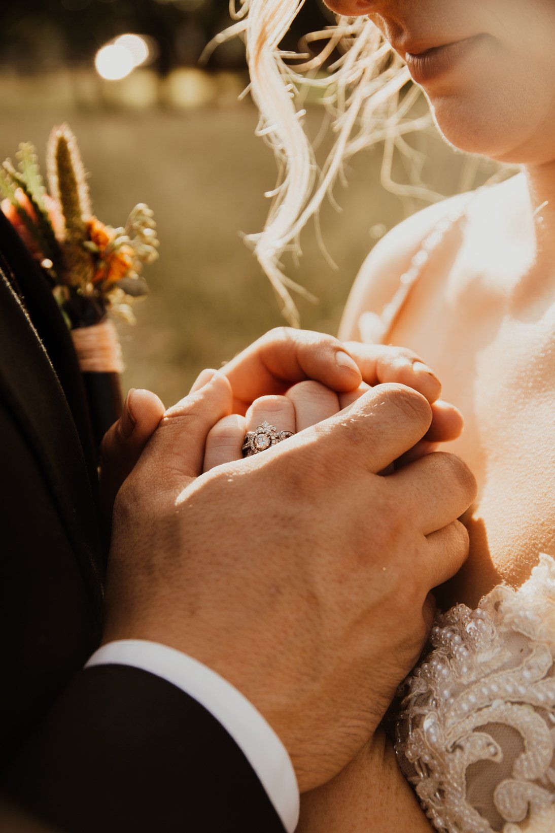 Bride and Groom Hold Hands Outdoor Wedding Sun