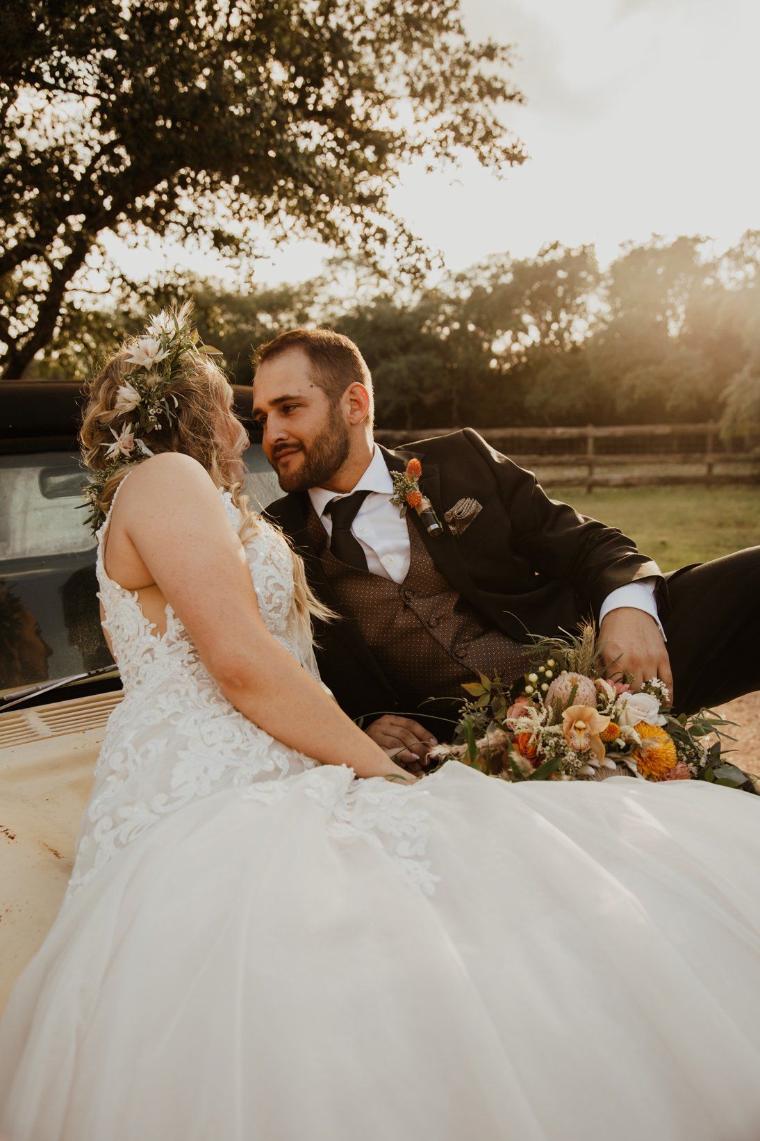 Bride and Groom Eyes - Loving Look - Chevy Convertible - Outdoor Wedding