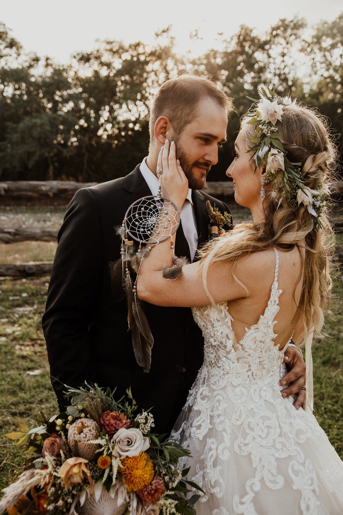 Bride Hand on Grooms Face - Loving Embrace - Dream Catcher - Wedding Venue